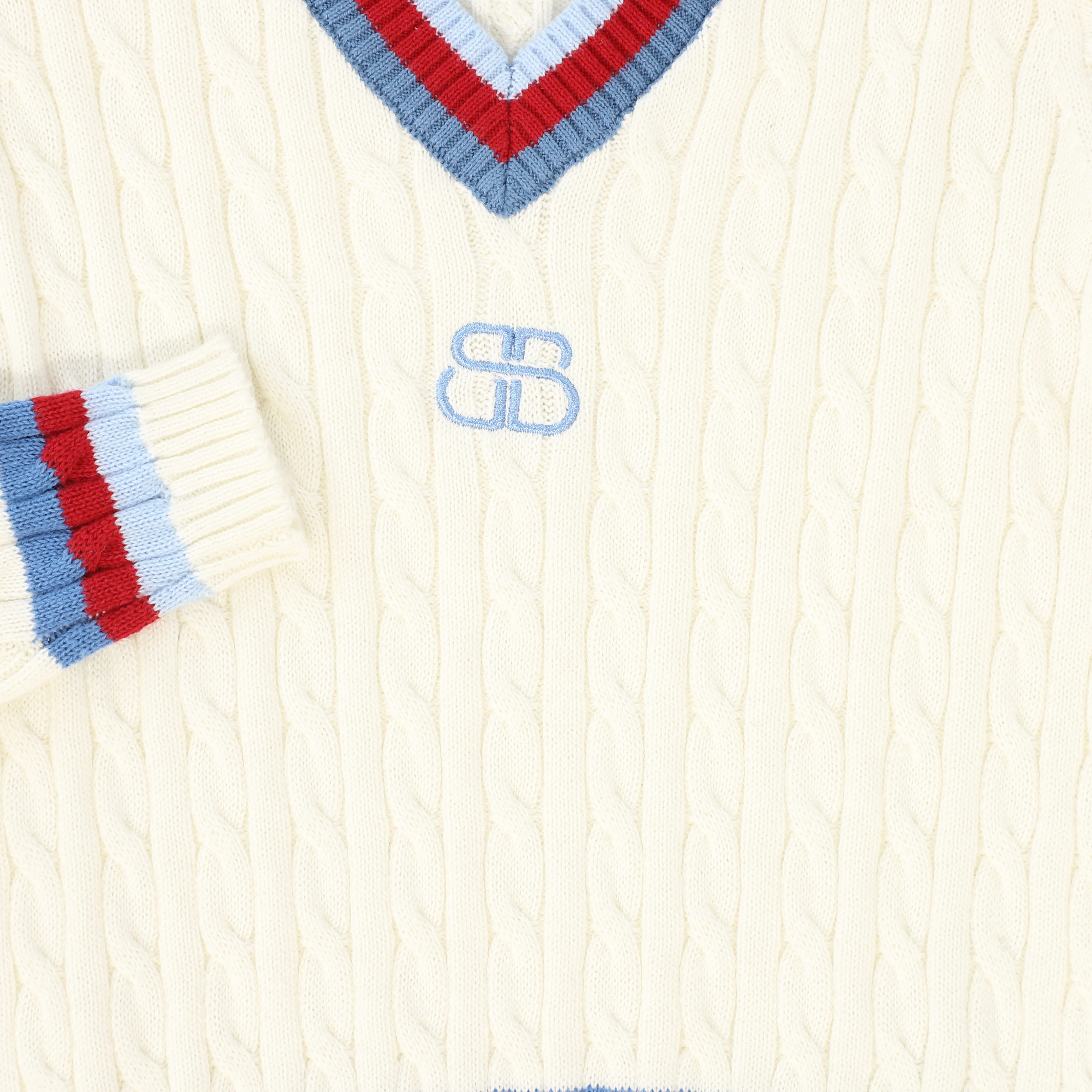 BAMBOO IVORY CABLE KNIT V NECK TRIM LS SWEATER [FINAL SALE] - Image 3