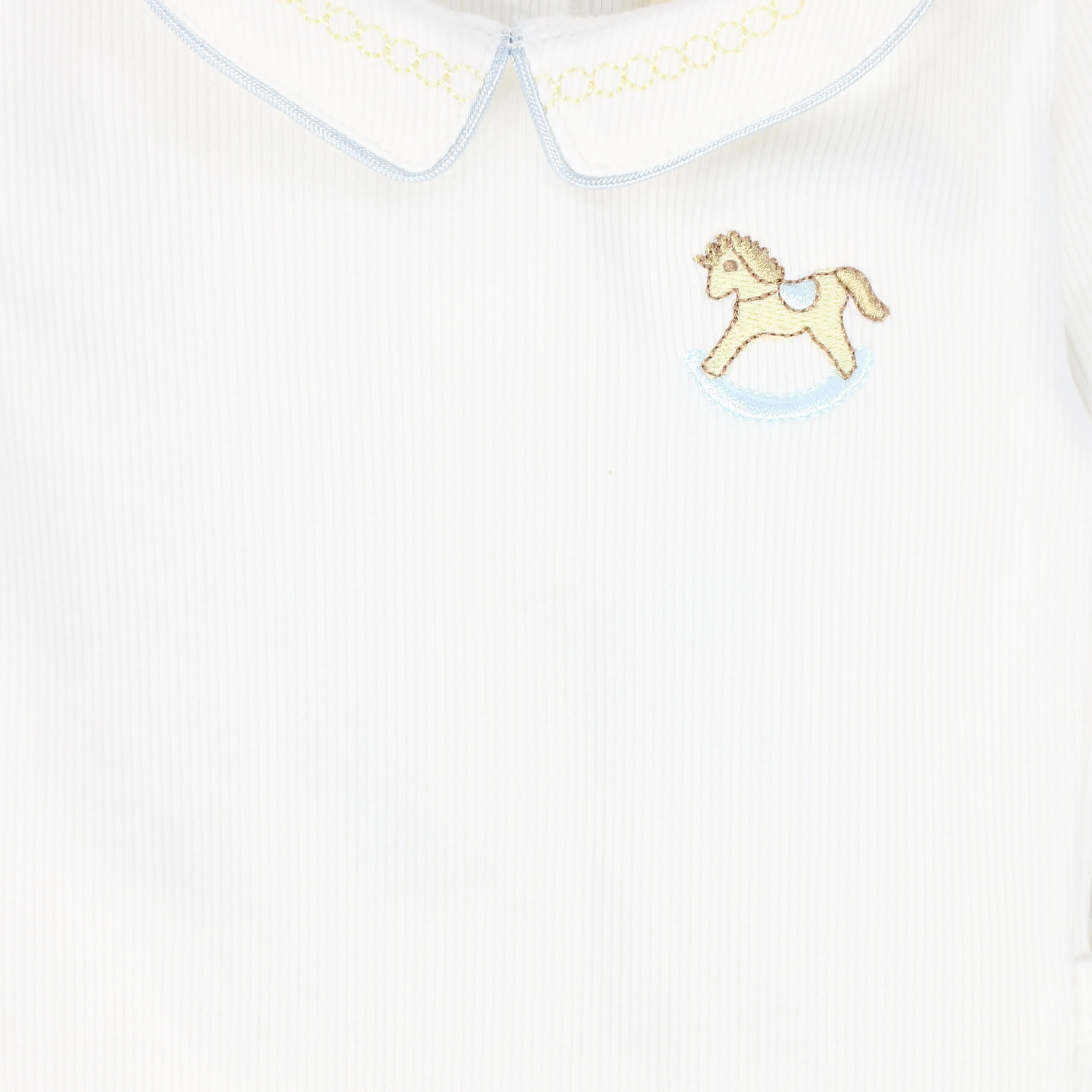 BEBE JOLEE WHITE/BLUE ROCKING HORSE EMBROIDERED FOOTIE - Image 2