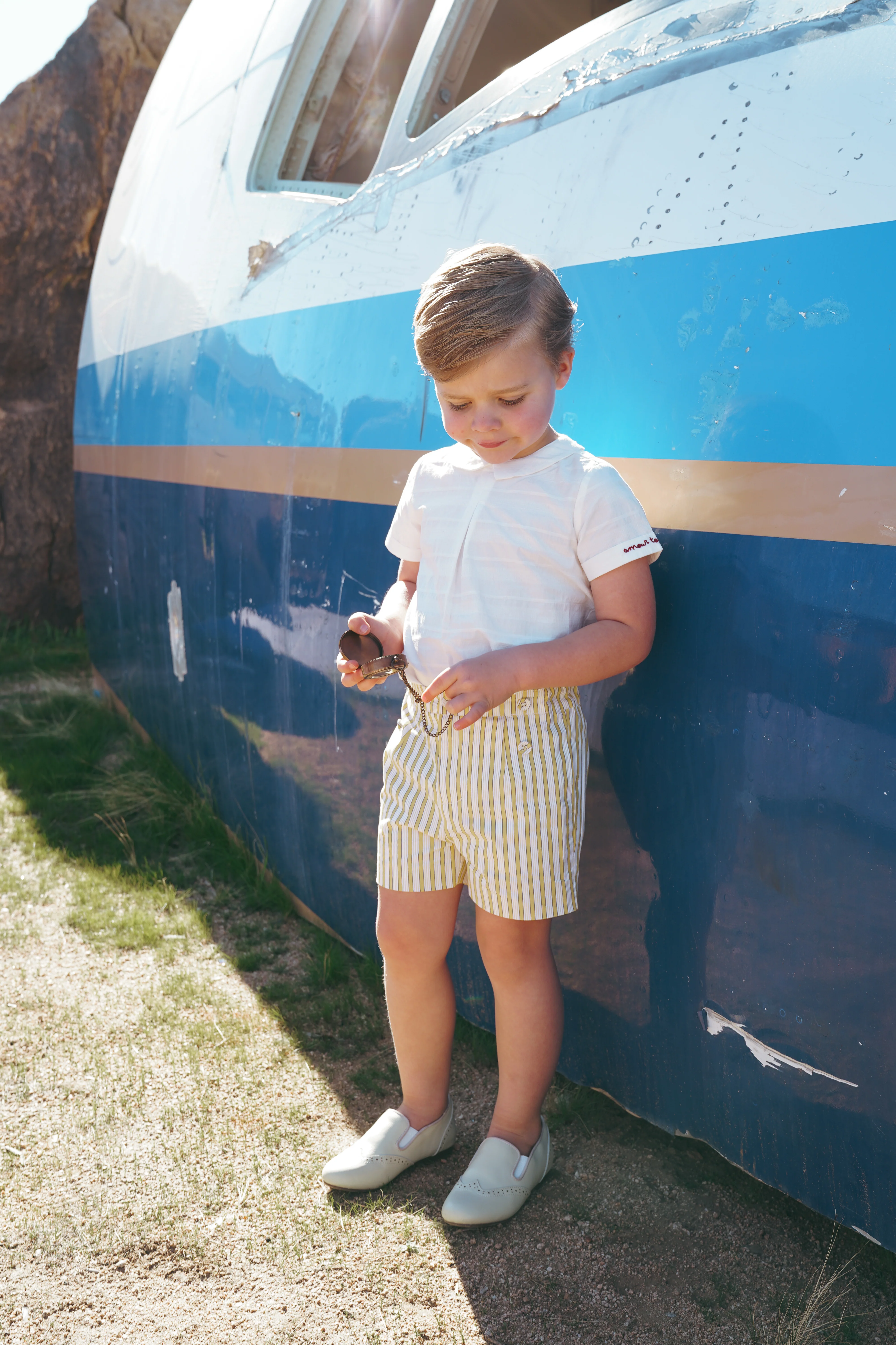 COCO BLANC YELLOW STRIPED BUTTON SHORTS [FINAL SALE] - Image 2