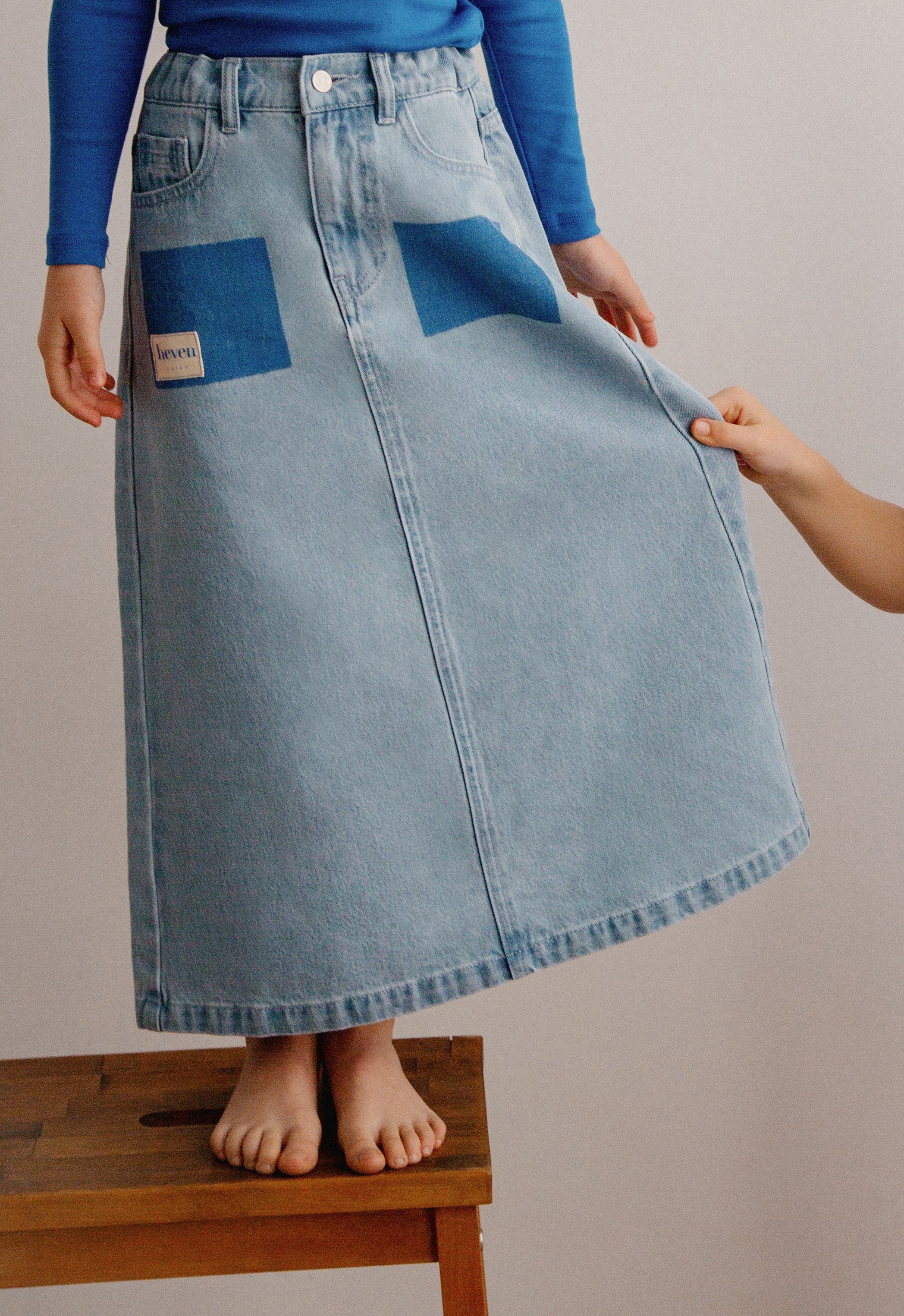 HEVEN CHILD BLUE DENIM POCKET MIDI SKIRT [FINAL SALE] - Image 2