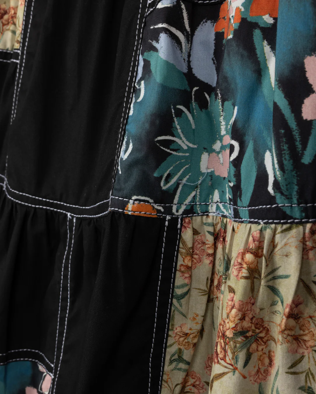 VIBE BLACK PATCHWORK TIERED MIDI SKIRT [FINAL SALE] - Image 2